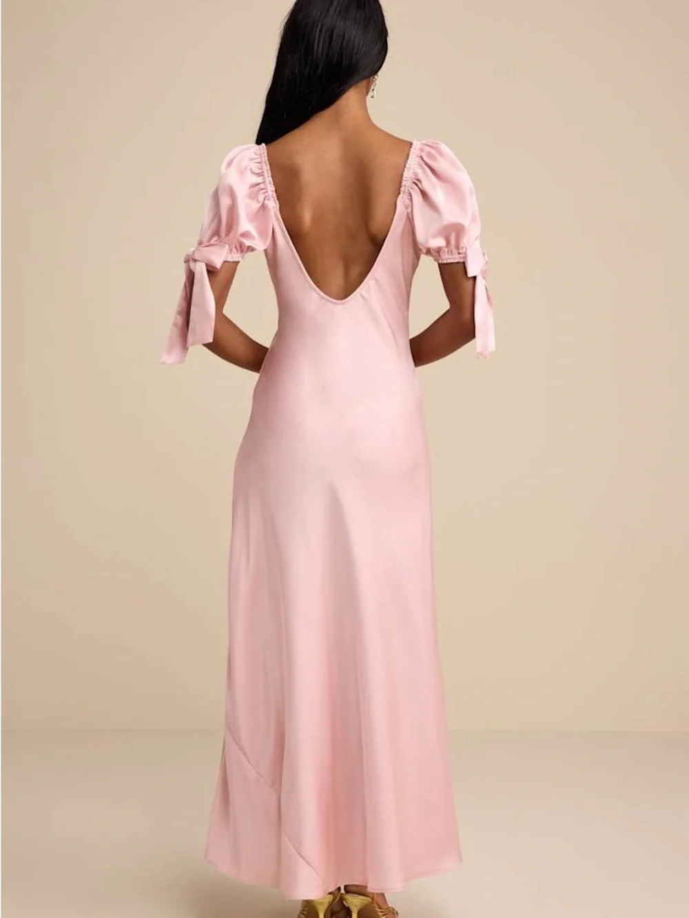 Lulus Santa Marta Blush Pink Satin Puff Sleeve Bow Maxi Dress Size S NWT